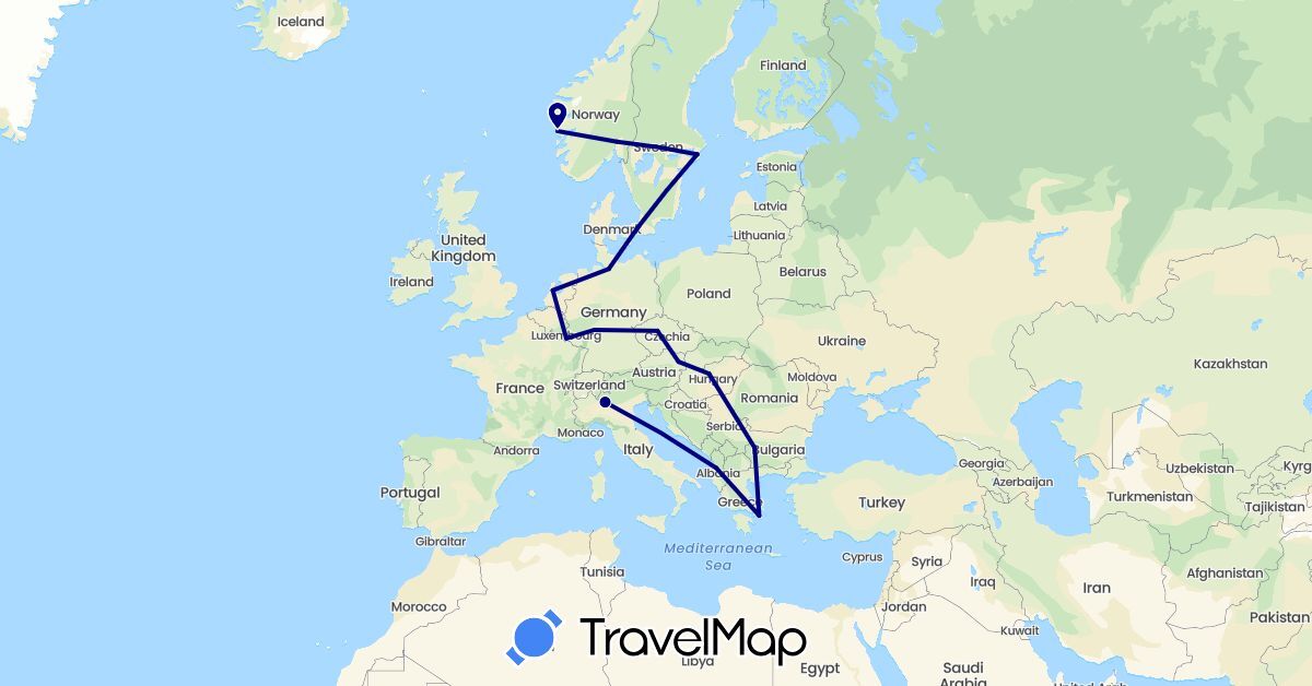 TravelMap itinerary: driving in Albania, Austria, Bulgaria, Czech Republic, Germany, Denmark, Greece, Hungary, Italy, Luxembourg, Netherlands, Norway, Sweden (Europe)